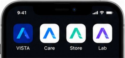 Ícones VISTA, Care, Store e Lab numa tela de celular